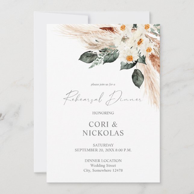 Invitación Cena de Copper Pampas y Ensayos Florales Beige (Anverso)