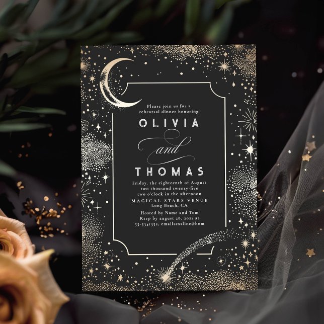 Invitación Cena de Crescent Moon de Starry Night Sky (Celestial Rehearsal Dinner Invitations)