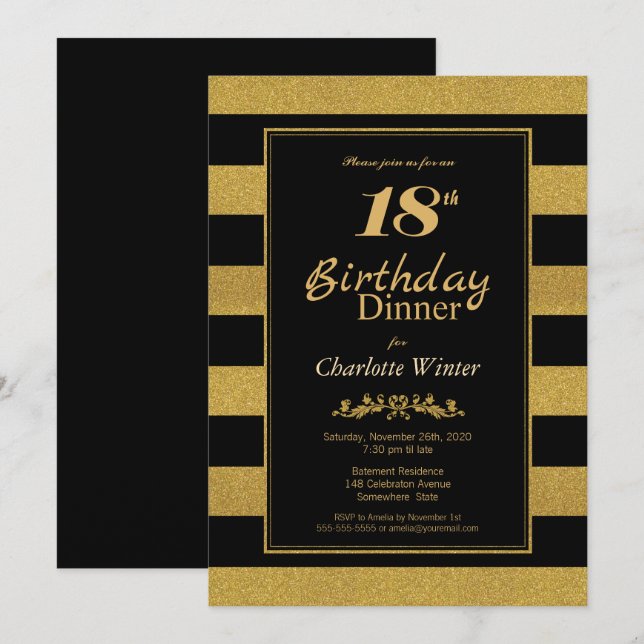 Invitación Cena de cumpleaños 18 con rayas de oro negro (Anverso / Reverso)
