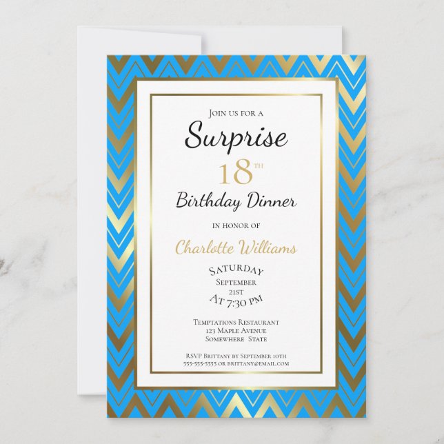 Invitación Cena de cumpleaños 18 de Blue Gold Chevron Surpris (Anverso)