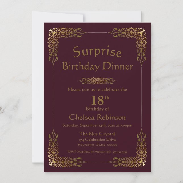 Invitación Cena de cumpleaños 18 de Burgundy Gold Lace Surpri (Anverso)