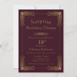 Invitación Cena de cumpleaños 18 de Burgundy Gold Lace Surpri