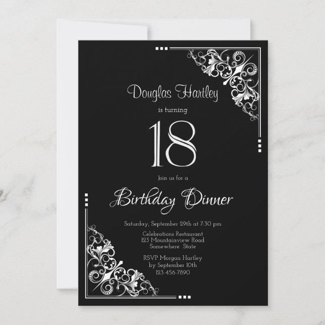 Invitación Cena de cumpleaños 18 en blanco y negro (Anverso)