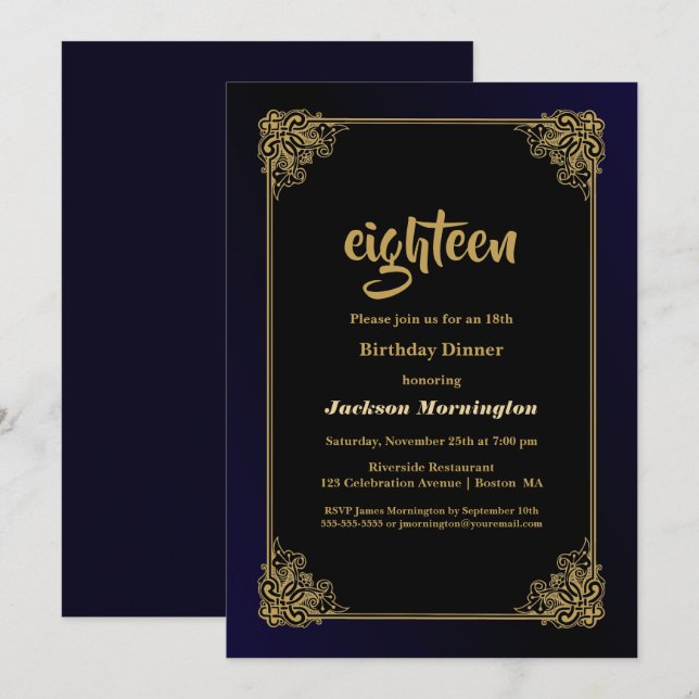 Invitación Cena de cumpleaños 18 en negro y oro (Anverso / Reverso)