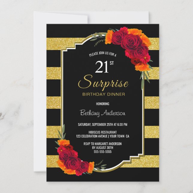 Invitación Cena de cumpleaños 21ª sorpresa con bandas de oro (Anverso)
