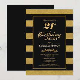 Invitación Cena de cumpleaños 21 con rayas de oro negro
