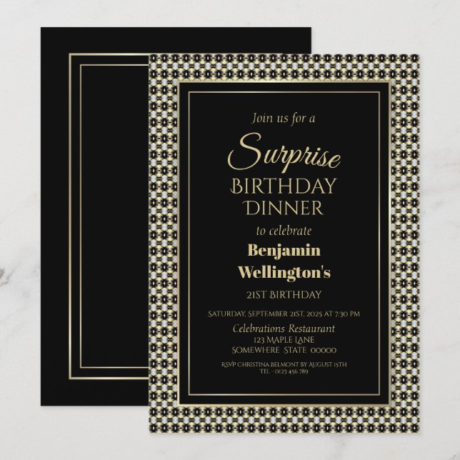 Invitación Cena de cumpleaños 21 de Black White and Gold Surp (Anverso / Reverso)