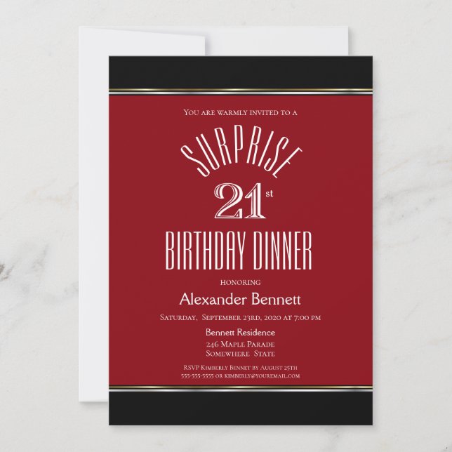 Invitación Cena de cumpleaños 21 de Red Black White Surprise (Anverso)