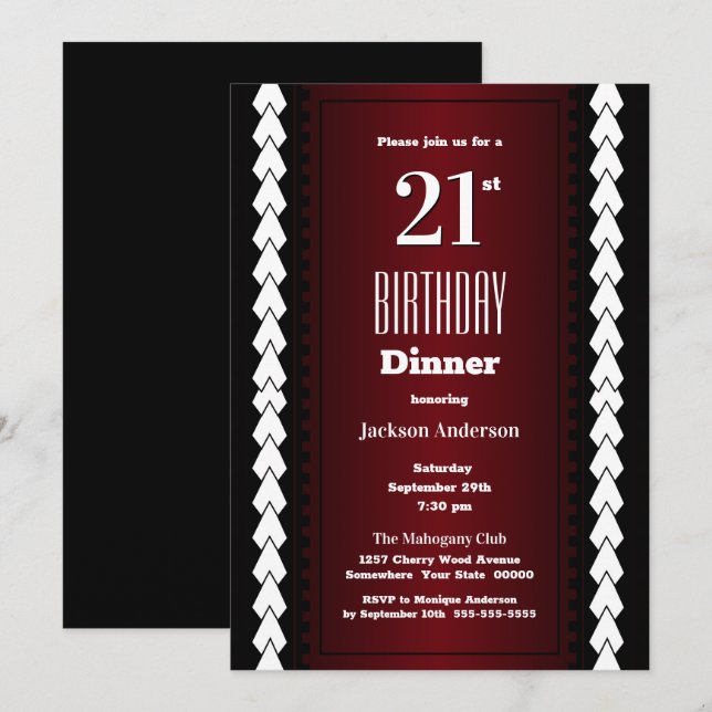 Invitación Cena de cumpleaños 21 en blanco y rojo negro (Anverso / Reverso)