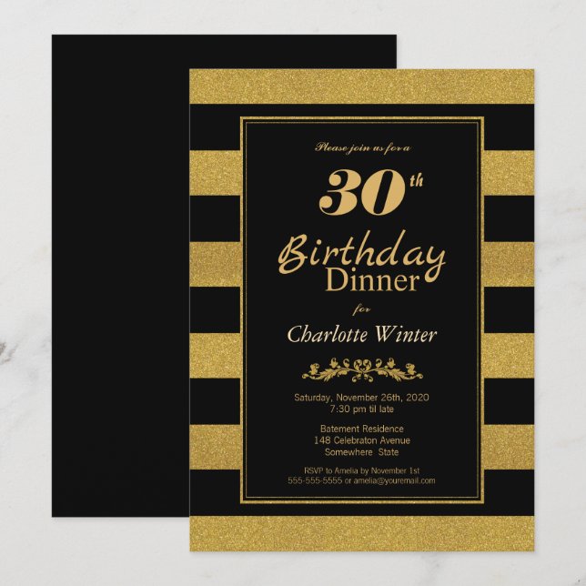 Invitación Cena de cumpleaños 30 con rayas de oro negro (Anverso / Reverso)