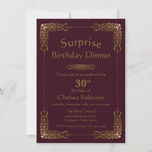 Invitación Cena de cumpleaños 30 de Burgundy Gold Lace Surpri
