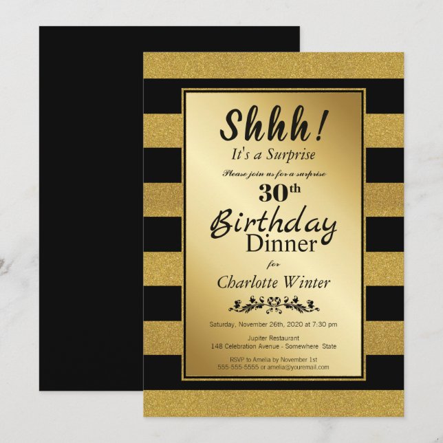 Invitación Cena de cumpleaños 30 de Gold Stripe Surprise (Anverso / Reverso)