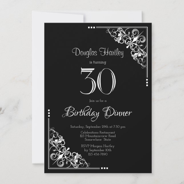 Invitación Cena de cumpleaños 30 en blanco y negro (Anverso)