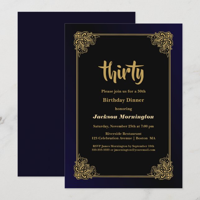 Invitación Cena de cumpleaños 30 en negro y oro (Anverso / Reverso)