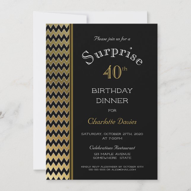 Invitación Cena de cumpleaños 40 de Black Gold Chevron Surpri (Anverso)