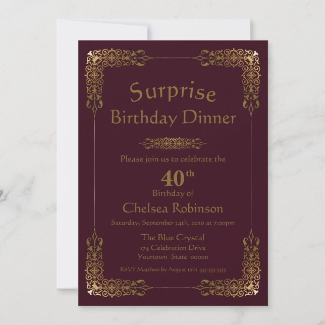 Invitación Cena de cumpleaños 40 de Burgundy Gold Lace Surpri (Anverso)