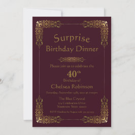 Invitación Cena de cumpleaños 40 de Burgundy Gold Lace Surpri