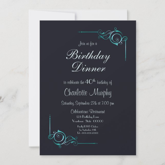 Invitación Cena de cumpleaños 40 de Medianoche azul y turques (Anverso)