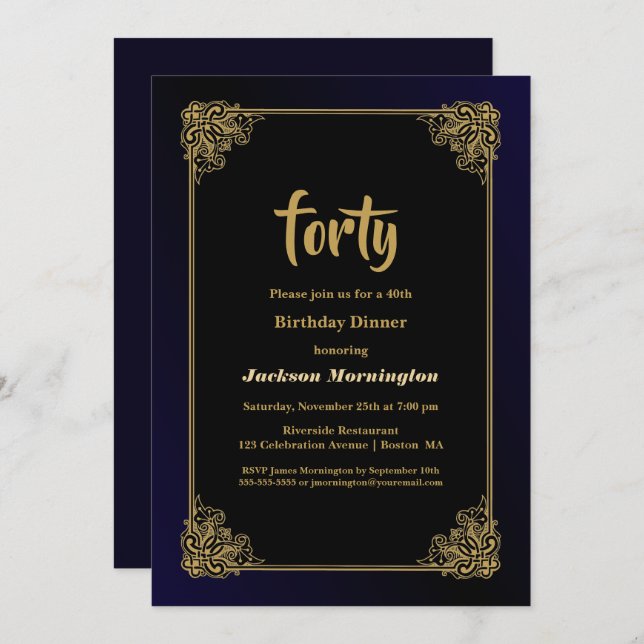 Invitación Cena de cumpleaños 40 en negro y oro (Anverso / Reverso)