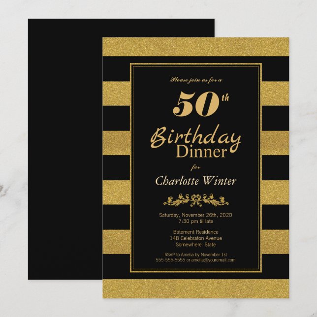 Invitación Cena de cumpleaños 50 Black Gold Striped (Anverso / Reverso)