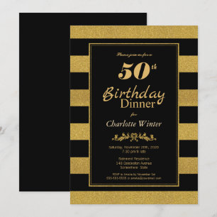 Invitación Cena de cumpleaños 50 Black Gold Striped