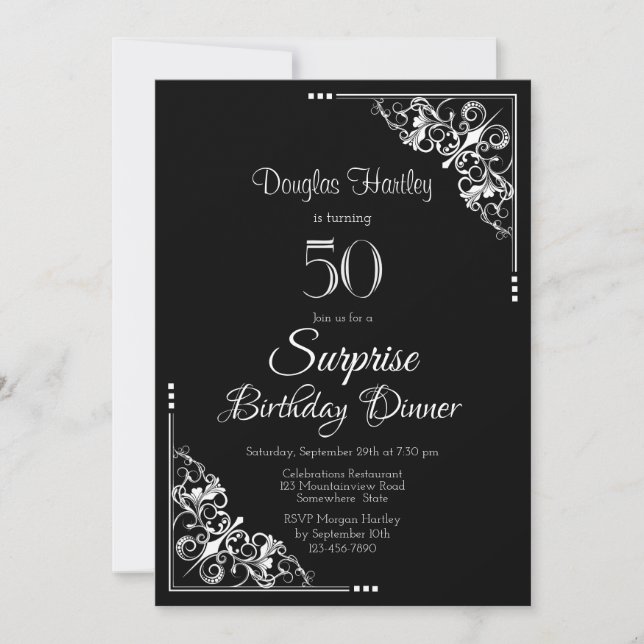 Invitación Cena de cumpleaños 50 de Black and White Surprise (Anverso)