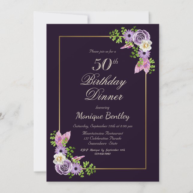 Invitación Cena de cumpleaños 50 de Purple Floral (Anverso)