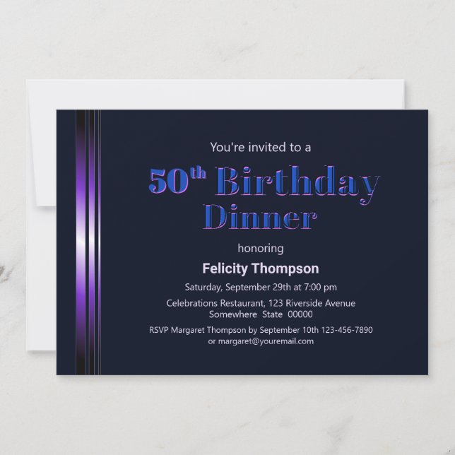 Invitación Cena de cumpleaños 50 en azul y morado moderno (Anverso)