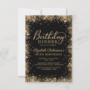 Invitación Cena de Cumpleaños 60 con Glitter de Oro Negro Scr