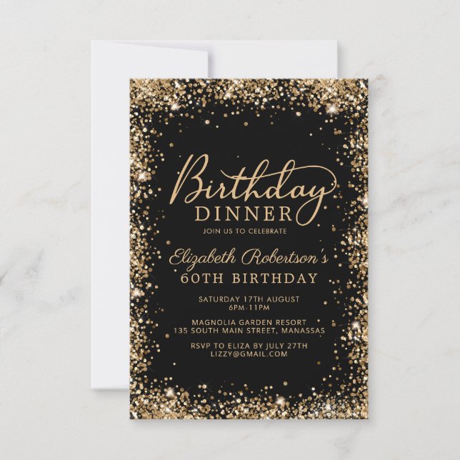 Invitación Cena de Cumpleaños 60 con Glitter de Oro Negro Scr (Anverso)