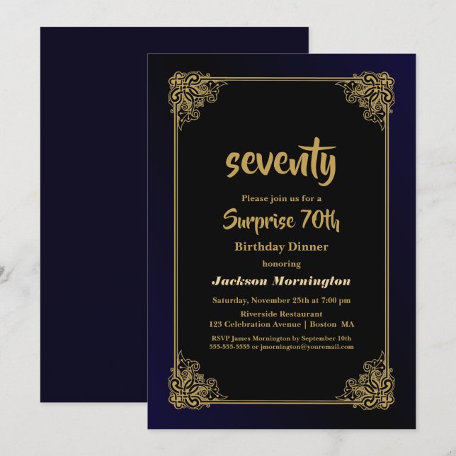 Invitación Cena de cumpleaños 70 de Black and Gold Surprise (Anverso / Reverso)