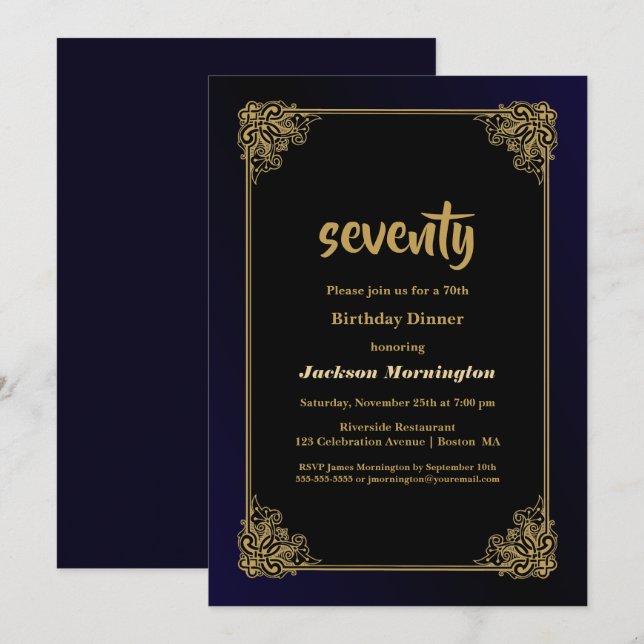 Invitación Cena de cumpleaños 70 en negro y oro (Anverso / Reverso)