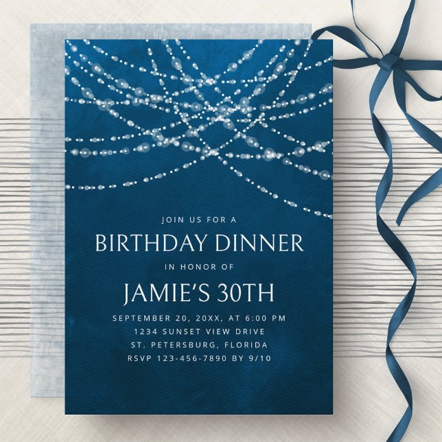 Invitación Cena de cumpleaños azul con luces de cadena (Subido por el creador)