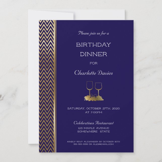 Invitación Cena de cumpleaños azul y oro de la Marina (Anverso)