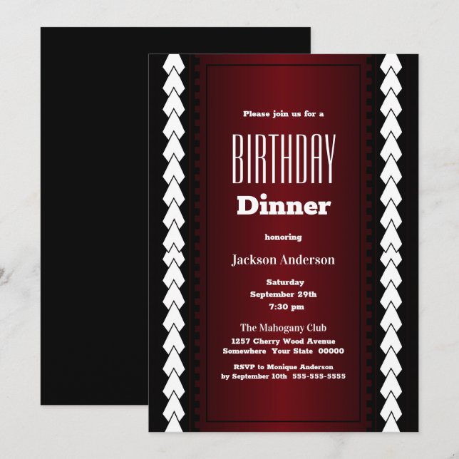 Invitación Cena de cumpleaños blanco y rojo negro (Anverso / Reverso)