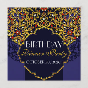 Invitación Cena de cumpleaños Blue Red Gold con joyas de lujo
