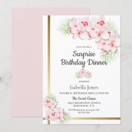 Invitación Cena de cumpleaños con flores rosadas y doradas