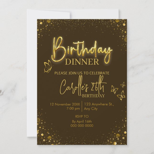 Invitación Cena de cumpleaños con luz dorada (Anverso)