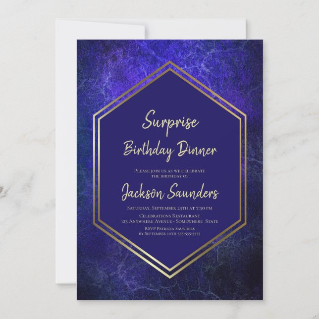 Invitación Cena de cumpleaños con sorpresa azul Gold Border (Anverso)