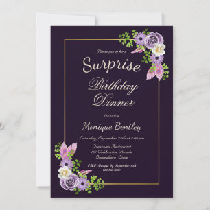 Invitación Cena de cumpleaños con sorpresa de morado floral
