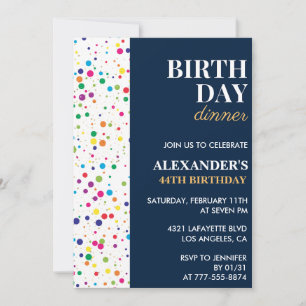Invitación Cena de cumpleaños Confeti Azul Marino 44 cumpleañ