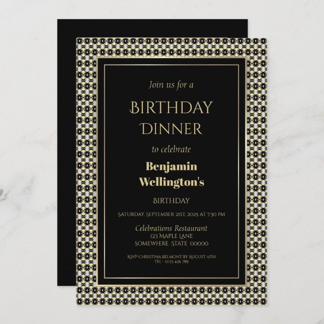 Invitación Cena de cumpleaños de blanco y oro negro (Anverso / Reverso)