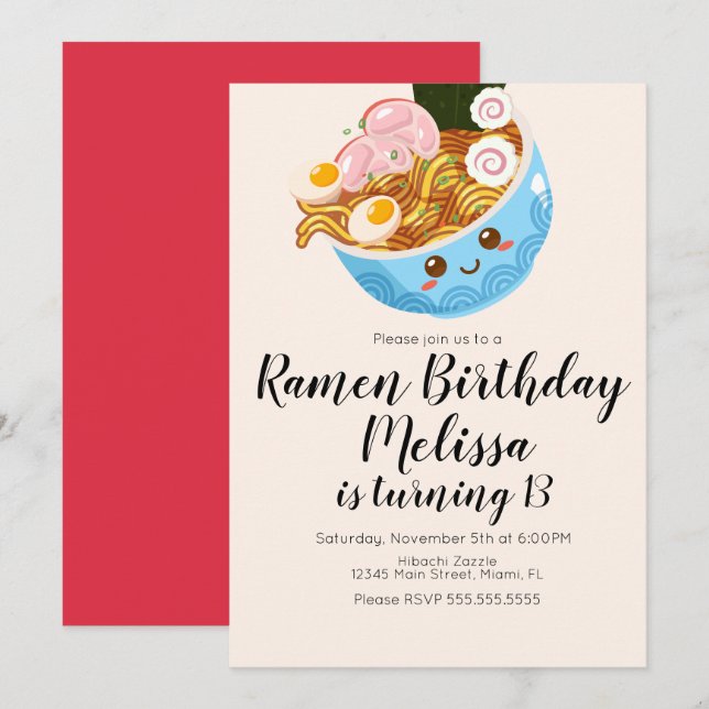 Invitación Cena de cumpleaños de Cute Pho Oriental Ramen (Anverso / Reverso)