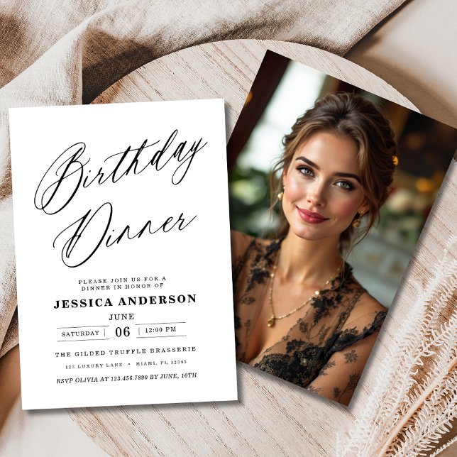 Invitación Cena de cumpleaños de foto negra blanca minimalist (Subido por el creador)