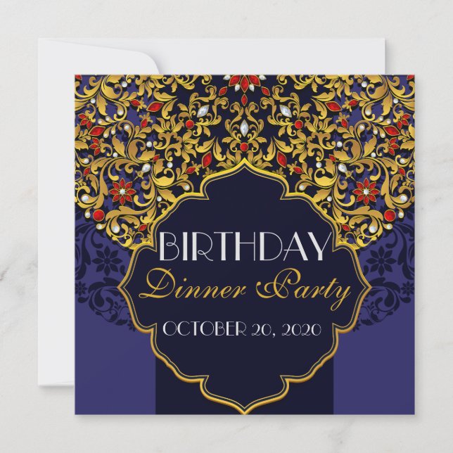 Invitación Cena de cumpleaños de lujo azul rojo dorado con jo (Anverso)