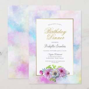 Invitación Cena de Cumpleaños Fiesta Pastel Floral Azul Rosa