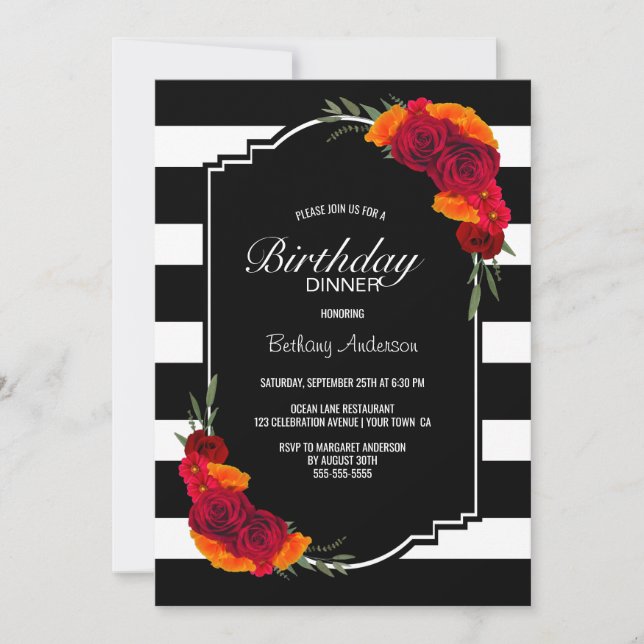 Invitación Cena de cumpleaños Floral de rayas blancas negras (Anverso)