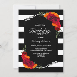 Invitación Cena de cumpleaños Floral de rayas blancas negras