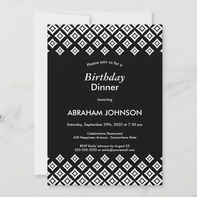 Invitación Cena de cumpleaños geométrica moderna y blanca neg (Anverso)