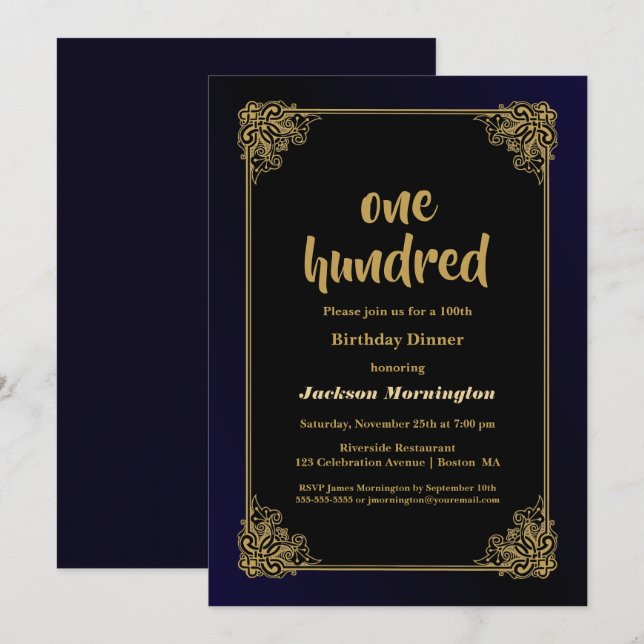Invitación Cena de cumpleaños número 100 con borde dorado ele (Anverso / Reverso)
